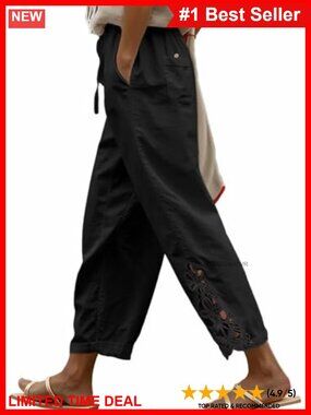 Women's Lightweight Cotton Drawstring Capri Pants with Lace Hem
